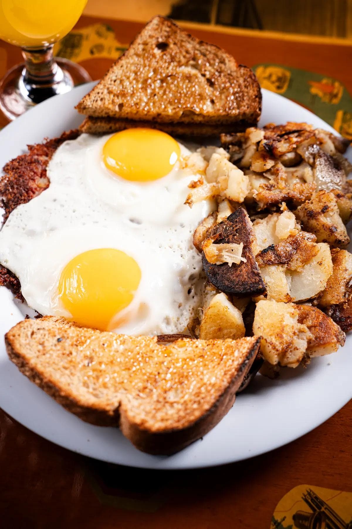 Two eggs, home fries or grits, toast